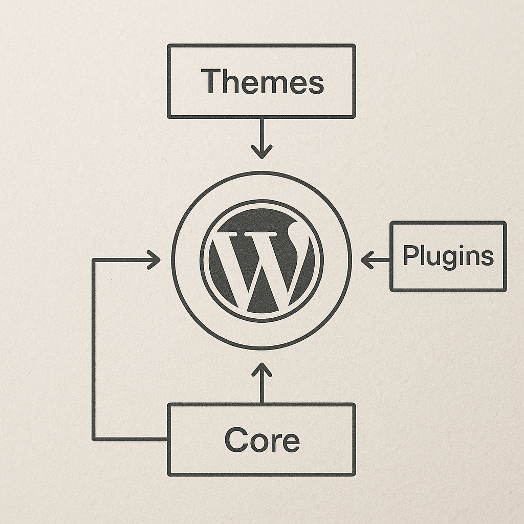 Understanding WordPress Development: A Complete Overview for Beginners 1 A flowchart illustrating the components of WordPress development, including themes, plugins, and core functionalities