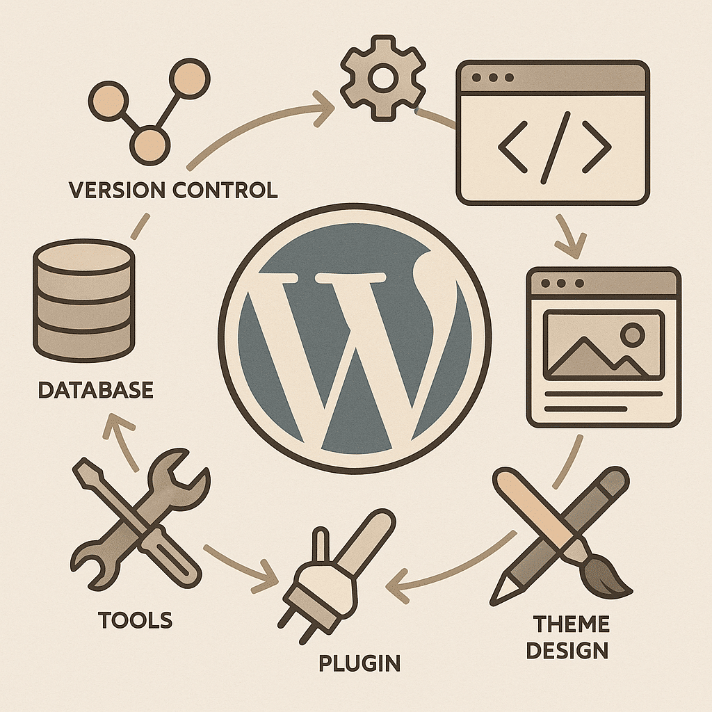 An illustrated graphic showing a streamlined WordPress development process, with icons representing various tools and techniques used in WordPress development.