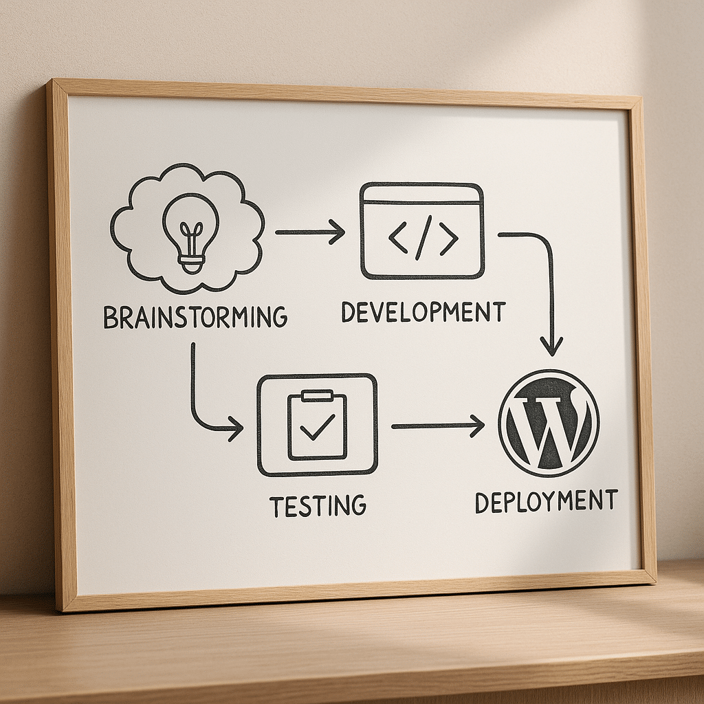 A diagram illustrating a project planning framework with stages like brainstorming, development, testing, and deployment in WordPress.