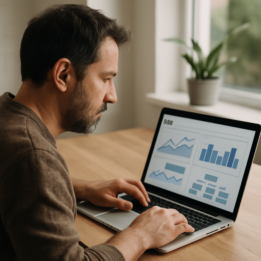 close-up photo of a small-business owner at a laptop, looking at an SEO dashboard with charts and a sitemap visible on screen