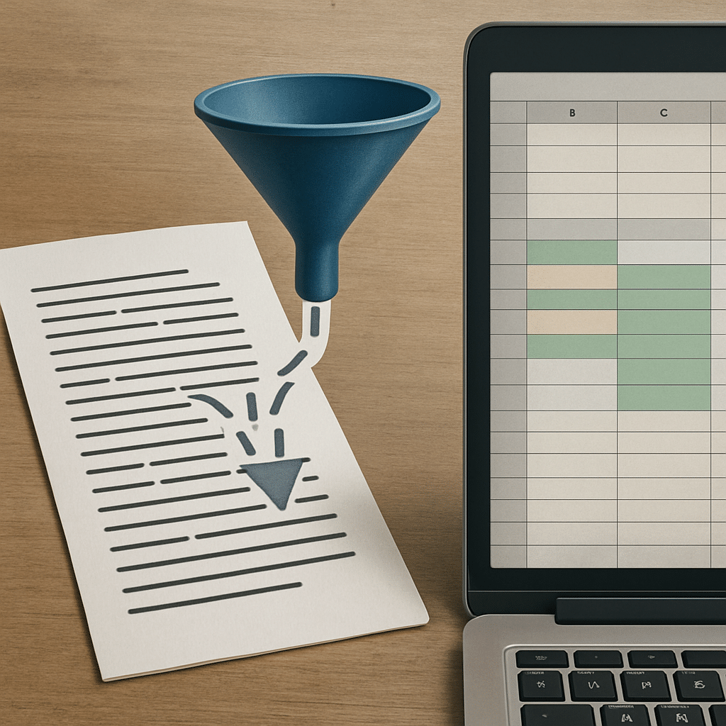 illustration of a crawl log being filtered into a spreadsheet, highlighting frequently crawled URLs vs. key pages