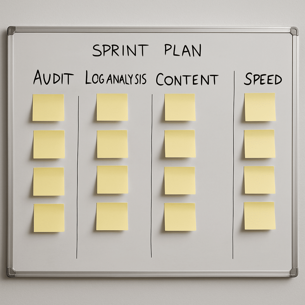 photo of a whiteboard sprint plan with columns: Audit, Log Analysis, Content, Links, Speed — each with task cards