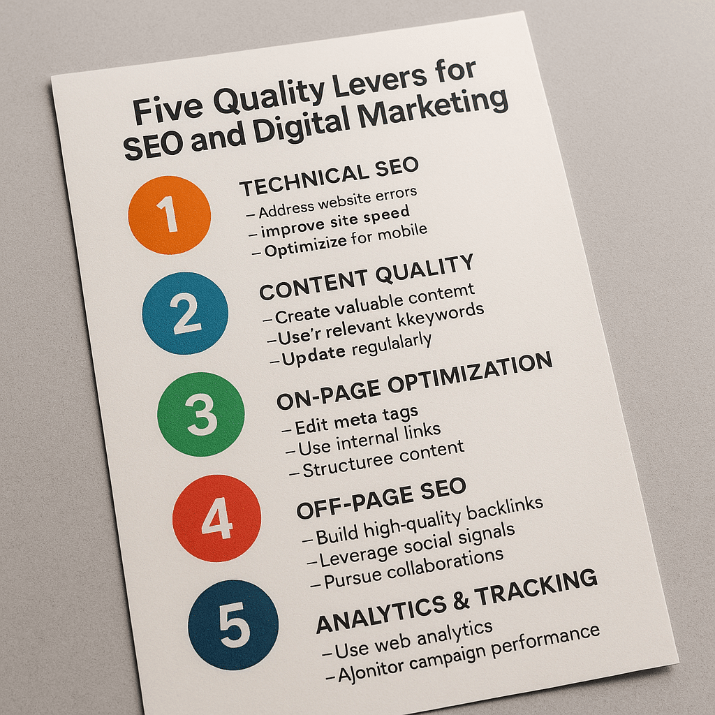 Infographic — Five quality levers for SEO and digital marketing with brief action items