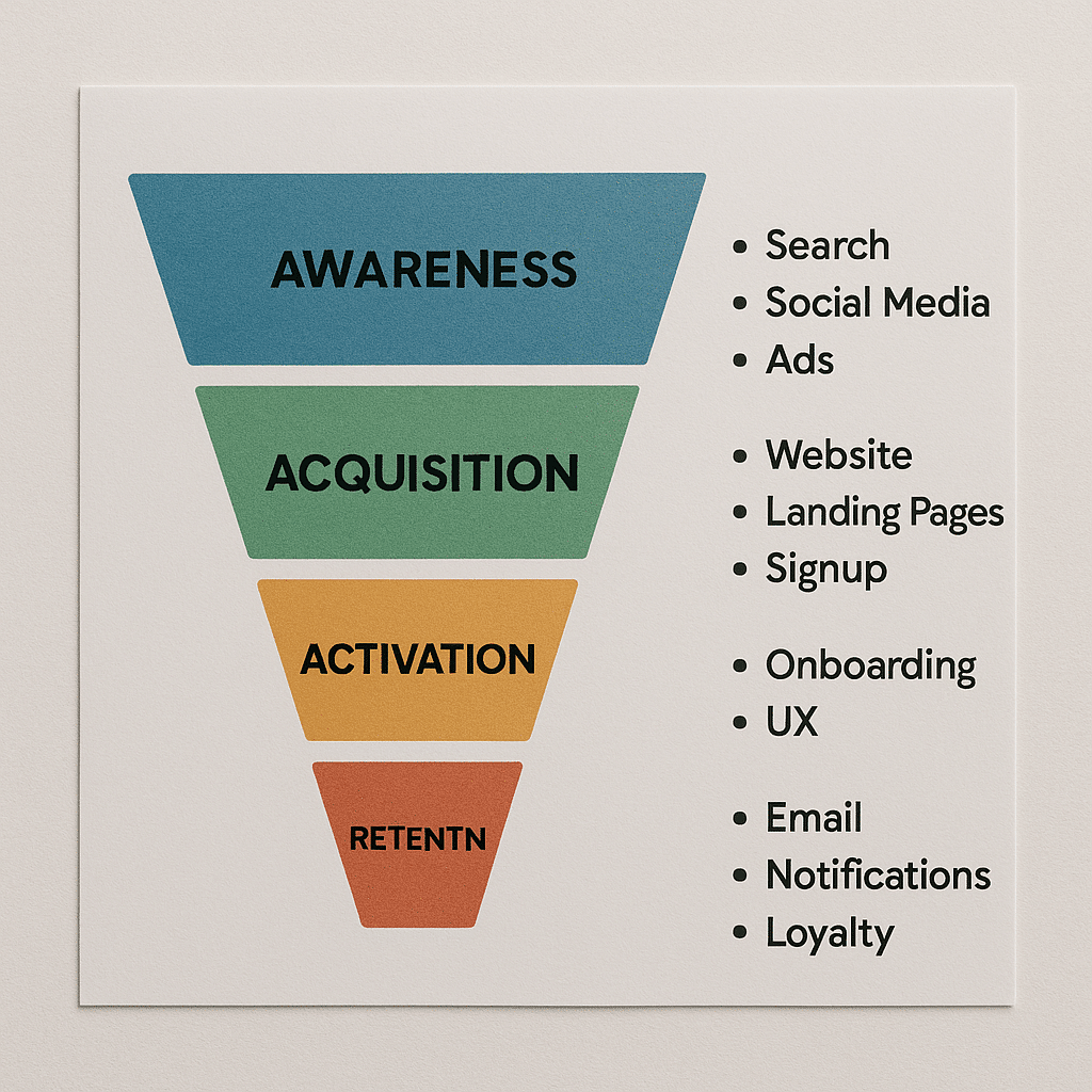 Infographic — tiered growth funnel showing awareness, acquisition, activation, retention with labeled tactics