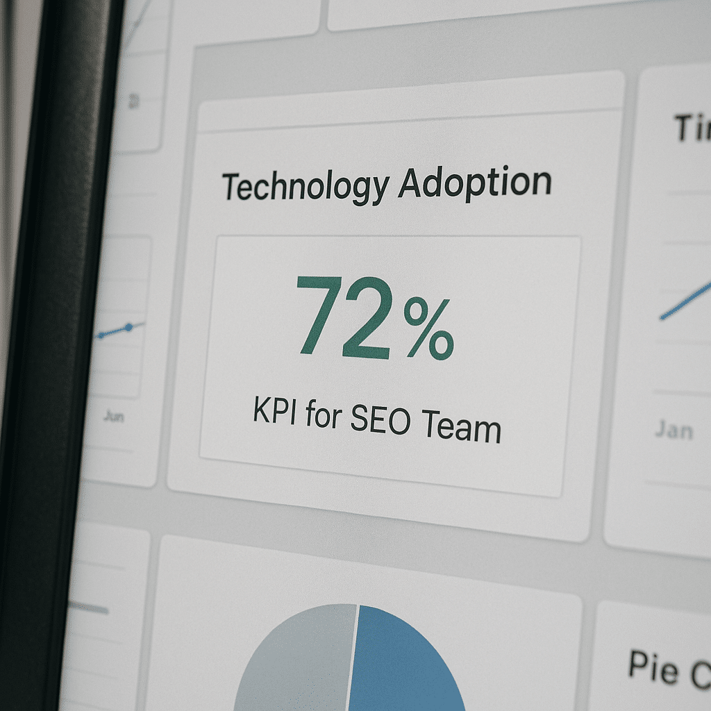 Dashboard view showing technology adoption KPI card for an SEO team, keyword-rich scene caption