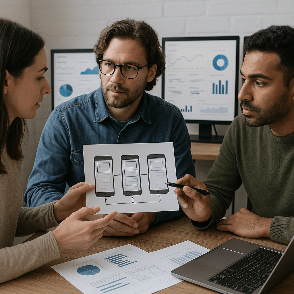 Website UX team reviewing mobile user flow with analytics dashboards visible