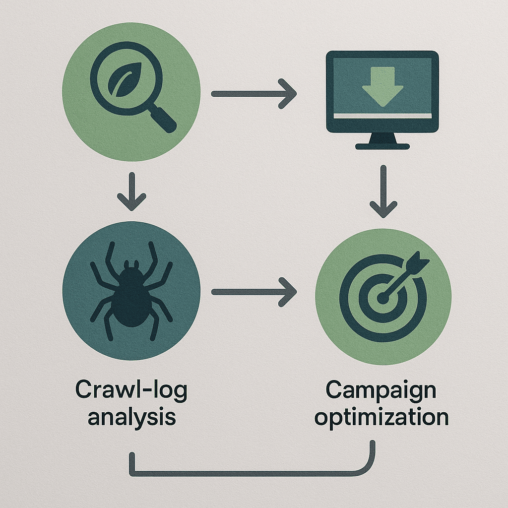Infographic — high-level process flow for conducting a sustainability SEO audit including crawl-log analysis, page-weight reduction, and campaign optimization