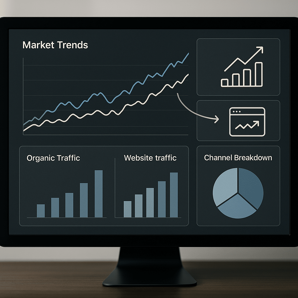 Dashboard view showing market trends in SEO and digital marketing with annotated KPIs and channel breakdown