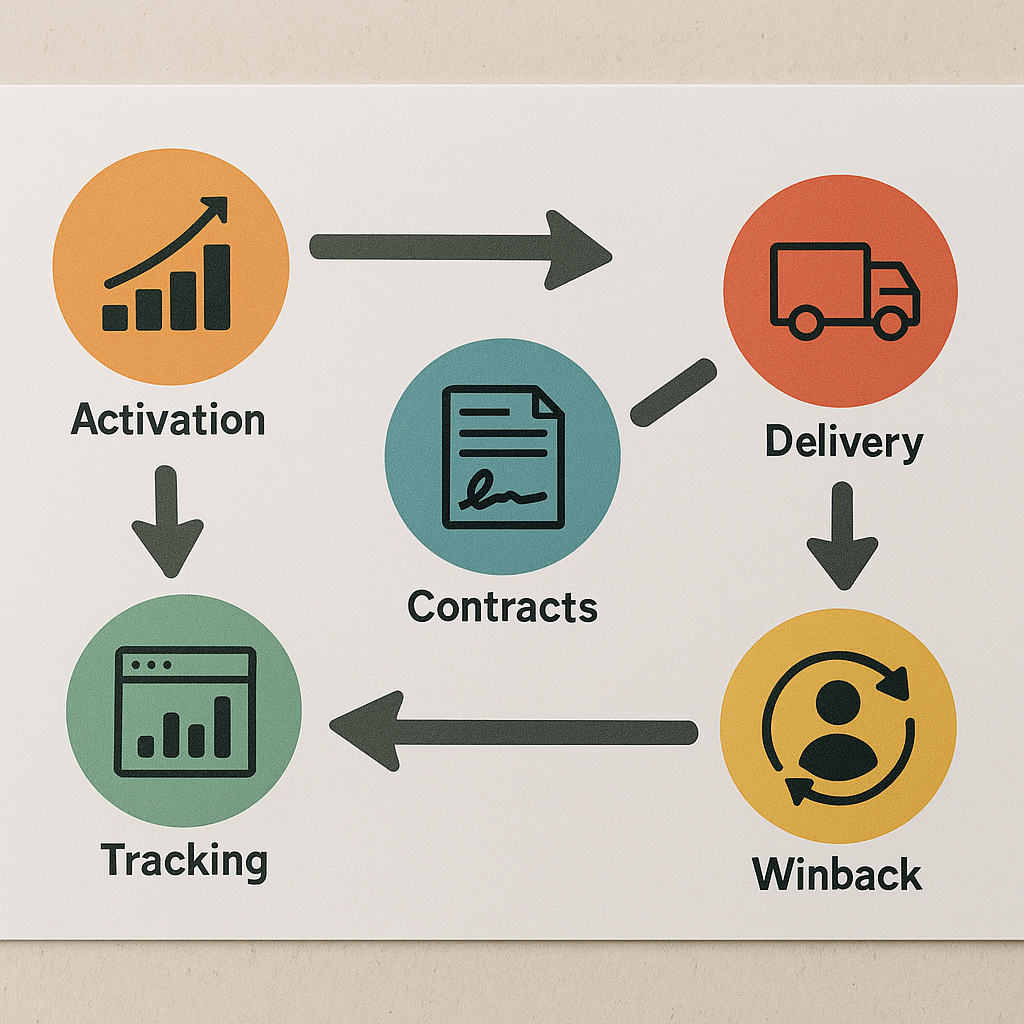 Infographic — five-step customer retention process for SEO and digital marketing with activation, contracts, tracking, delivery, and winback
