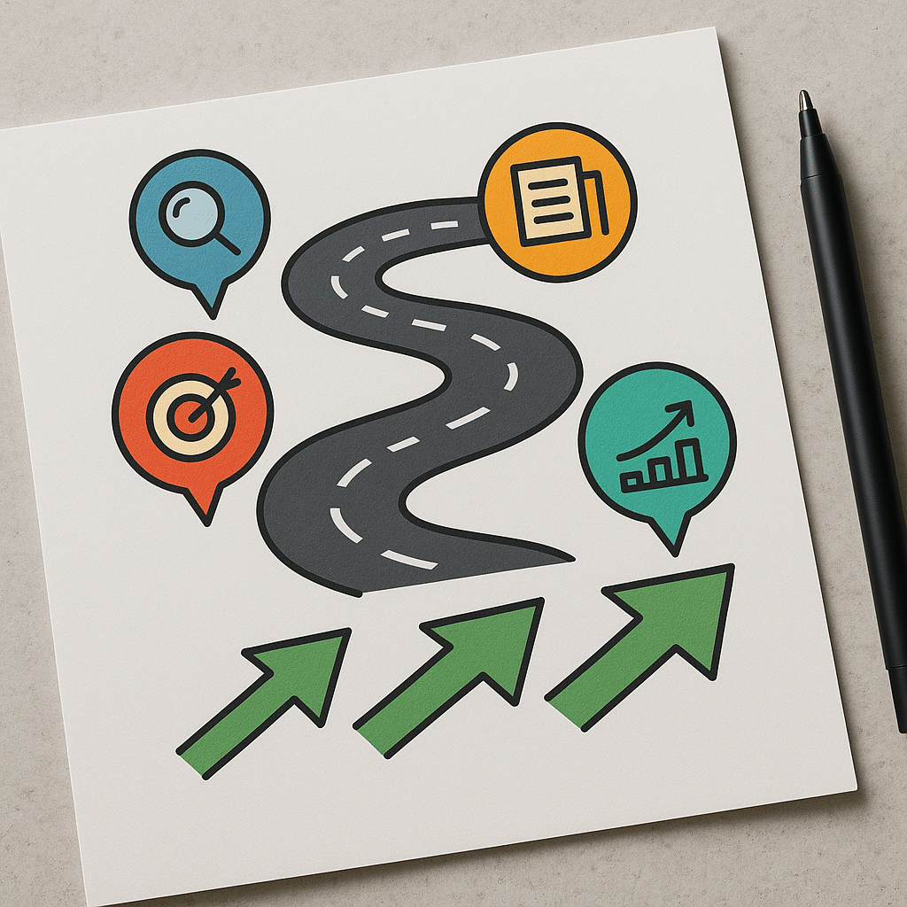 Illustration of a marketing roadmap highlighting SEO, PPC, content, and conversion optimization with cost-savings arrows