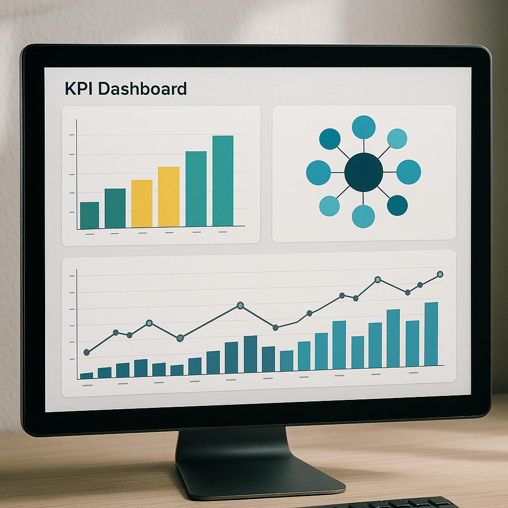 Illustration showing KPI dashboard with innovation metrics like Core Web Vitals, content clusters, and event revenue mappings